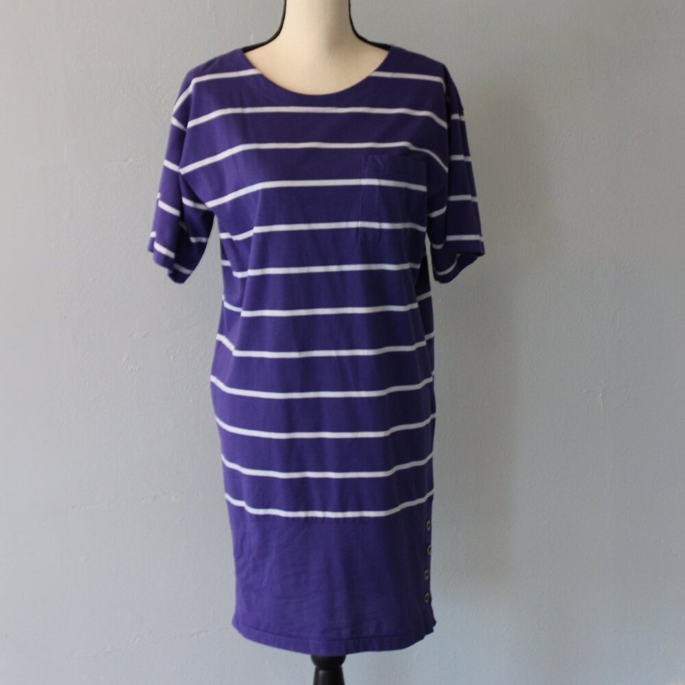 Vintage 80s Purple and White Striped T-Shirt Dress with buttons Size Small